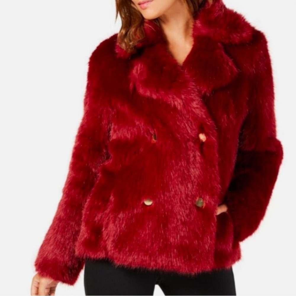 Michael Kors Faux Fur Jacket Womens XL‎ Red Double Breasted Glam Coat